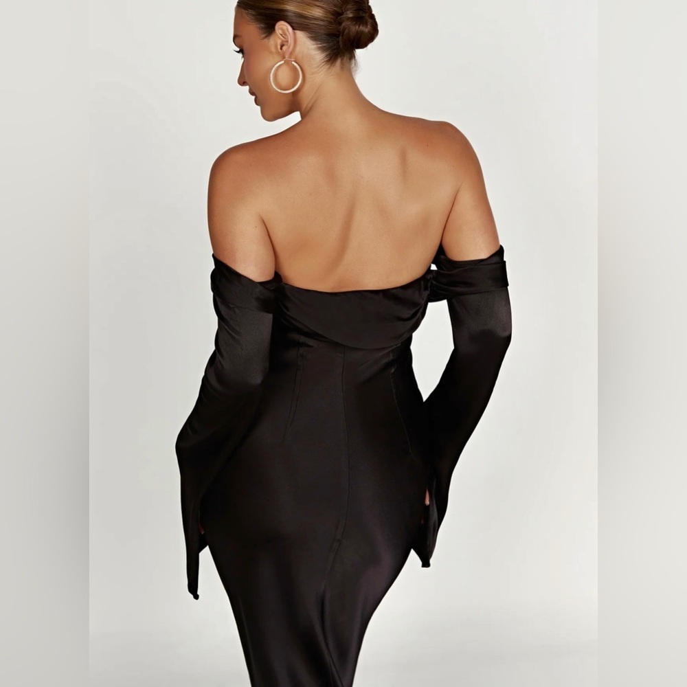Meshki -  NWOT Giselle Black Off Shoulder Cowl Neck Satin Maxi Dress - Picture 7 of 8